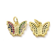 Brass Micro Pave Colorful Cubic Zirconia Charms, with Jump Ring, Butterfly Charm, Real 18K Gold Plated, 10x13x1.5mm, Hole: 3.2mm(KK-E068-VF101)