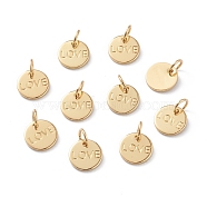 Brass Charms, Long-Lasting Plated, with Jump Rings, Flat Round with Word Love, for Valentine's Day, Real 18K Gold Plated, 8.5x1mm, Jump Ring: 5x1mm, Inner Diameter: 3mm(X-KK-A149-01G)