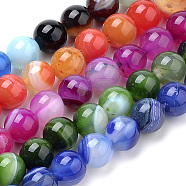 Natural Striped Agate/Banded Agate Beads Strands, Dyed, Round, Mixed Color, 14mm, Hole: 1mm, about 27pcs/strand, 14.96 inch(38cm)(G-S259-04-14mm)