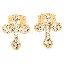 Rack Plating Cross Brass Pave Clear Cubic Zirconia Stud Earrings, Real 18K Gold Plated, 13x10mm(EJEW-S245-01G-C)