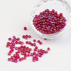 6/0 Transparent Rainbow Colours Round Glass Seed Beads, Fuchsia, Size: about 4mm in diameter, hole: 1.5mm, about 495pcs/50g(X-SEED-A007-4mm-165B)