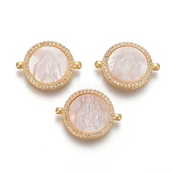 Brass Micro Pave Cubic Zirconia Links connectors, with Shell, Flat Round with Virgin Mary, Clear, Golden, 15x20x4mm, Hole: 1.2mm(KK-I656-47G)