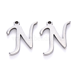 Tarnish Resistant 201 Stainless Steel Charms, Laser Cut, Stainless Steel Color, Letter.N, 13x12x1mm, Hole: 1mm(STAS-R105-N)