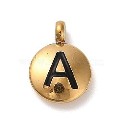 304 Stainless Steel Black Enamel Charms, Golden, Flat Round with Letter Charm, Letter A, 11x8x2.5mm, Hole: 1.8mm(STAS-R009-01G-A)