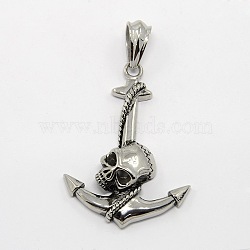 Retro Men's Halloween Jewelry 304 Stainless Steel Big Anchor with Skull Big Pendants, Antique Silver, 70x41x10mm, Hole: 12.5x8mm(STAS-O044-86)