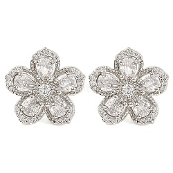 Cubic Zirconia Flower Stud Earrings, Rack Plating Brass Jewelry for Women, Platinum, Clear, 19x19.5mm(EJEW-I304-16P-01)