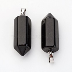 Brass Natural Obsidian Pendants, Bullet, Platinum, Pointed Pendant, 33~36x12mm, Hole: 5x7mm(X-G-O160-03G)