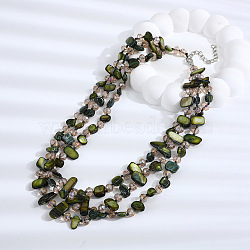 Boho Glass & Dyed Natural Shell Beaded Chips 3 Layer Necklaces for Women, Olive Drab, 20.08 inch(51cm)(NJEW-H047-01A)