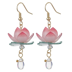 3D Lotus Plastic Dangle Earrings, Real 18K Gold Plated Brass Tassel Earrings with Glass Beaded, Pale Violet Red, 53x22mm(EJEW-JE05525-01)