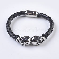 Men's Braided Leather Cord Bracelets, with 304 Stainless Steel Findings and Magnetic Clasps, Skull, Black, 7-5/8 inch(195mm)(BJEW-P194-09)
