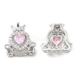Brass Micro Pave Pink Cubic Zirconia Charms, with Glass, Heart with Crown Charm, Platinum, 14.5x13x6mm, Hole: 1.2mm(KK-F860-74P-02)