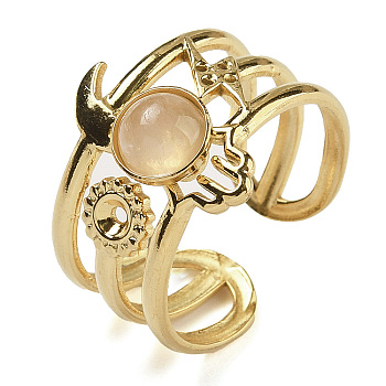 Natural Rose Quartz Finger Rings, Hamsa Hand 304 Stainless Steel Multi-layer Open Cuff Rings, Real 18K Gold Plated, 15mm, Adjustable