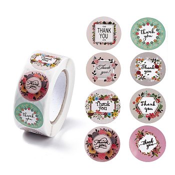 8 Patterns Paper Thank You Sticker Rolls, Round Dot Decals, for Envelope, Gift Bag, Card Sealing, Flower Pattern, 25mm, 500pcs/roll