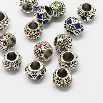 Alloy Rhinestone European Beads, Rondelle Large Hole Beads, Antique Silver, Mixed Color, 11x8~9mm, Hole: 5~6mm