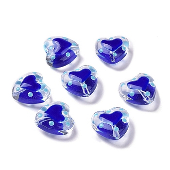 Glass Heart Beads, with Enamel, Bead in Bead, Marine Blue, 12x11.5~12.5x6.5~7mm, Hole: 0.8~1mm