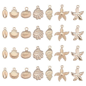 28Pcs 7 Styles Ocean Series Alloy Pendants, Conch/Shell/Starfish Charm, Light Gold, 17~25.5x8~23x2.5~3mm, Hole: 1.2~1.8mm, 4pcs/style