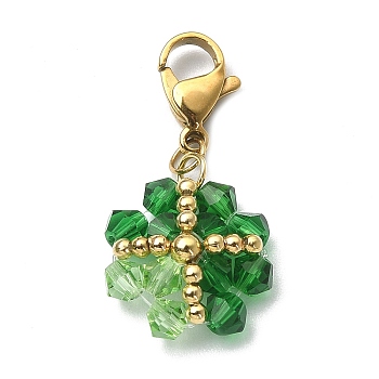 Clover Glass Pendant Decoration, with 304 Stainless Steel Lobster Claw Clasps, Green, 30mm