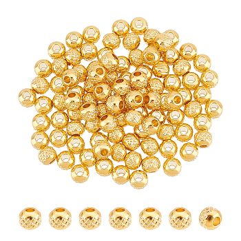 100Pcs 304 Stainless Steel Beads, Textured, Round, Golden, 4x3.5mm, Hole: 1.5mm