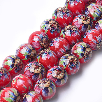Printed & Spray Painted Glass Beads, Round with Flower Pattern, Red, 12~12.5x11.5mm, Hole: 1.4mm