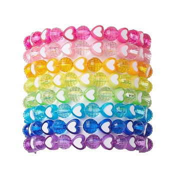 8Pcs 8mm Faceted Round & Heart Acrylic Beaded Stretch Bracelet Sets, Rainbow Color Bracelets for Women, Colorful, Inner Diameter: 2-1/4 inch(5.8cm), Bead: 8mm & 8x7mm