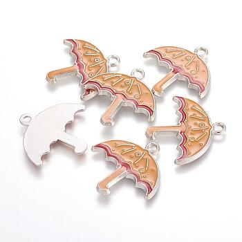 Alloy Enamel Pendants, Lead Free and Cadmium Free, Christmas Umbrella, Platinum, Orange, 26x28x3mm, Hole: 2mm