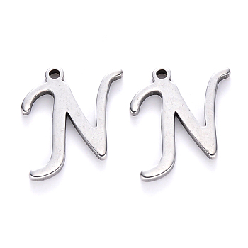 201 Stainless Steel Charms, Laser Cut, Stainless Steel Color, Letter.N, 13x12x1mm, Hole: 1mm