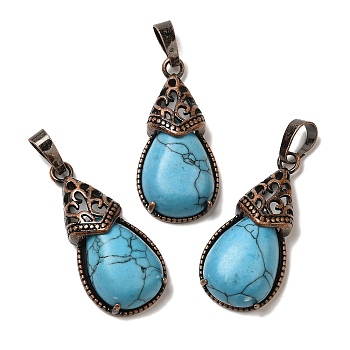 Synthetic Turquoise Pendants, Brass Teardrop Charms, Red Copper, Lead Free & Cadmium Free, 31x15x8mm, Hole: 5x7.5mm