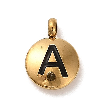 304 Stainless Steel Black Enamel Charms, Golden, Flat Round with Letter Charm, Letter A, 11x8x2.5mm, Hole: 1.8mm