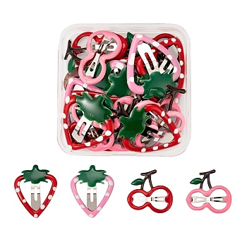 24Pcs 4 Style Iron Snap Hair Clips, with Enamel, for Children's Day, Cherry & Strawberry, Mixed Color, 30~35.5x28.5~29.5x1.9~2mm, 6pcs/style