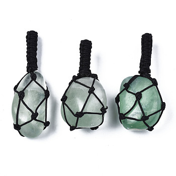 Natural Fluorite Pendants, with Woven TaiWan Nylon Thread, Nuggets, 40~60x20~27x12~24mm, Hole: 10~16mm
