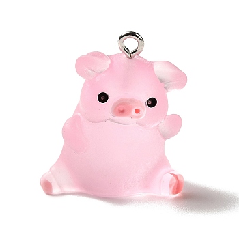 Translucent Resin Pendants, Pig Charm, with Platinum Tone Iron Findings, Pearl Pink, 25x23x16.5mm, Hole: 2mm