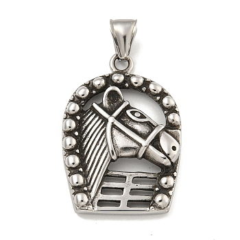 316 Surgical Stainless Steel Pendants, Arch with Horse Charm, Antique Silver, 39x27x6.9mm, Hole: 7.5x3.6mm