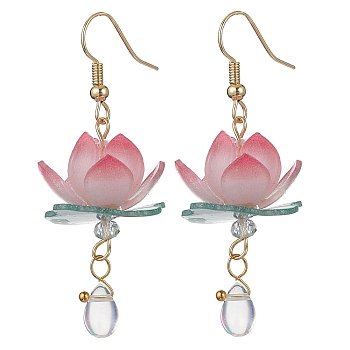 3D Lotus Plastic Dangle Earrings, Real 18K Gold Plated Brass Tassel Earrings with Glass Beaded, Pale Violet Red, 53x22mm