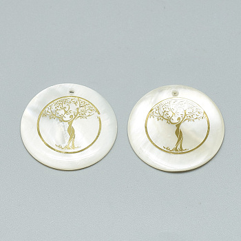Freshwater Shell Pendants, Covered with Iron Findings, Flat Round with Tree of Life, Golden, 30~31x2~3mm, Hole: 1.8mm