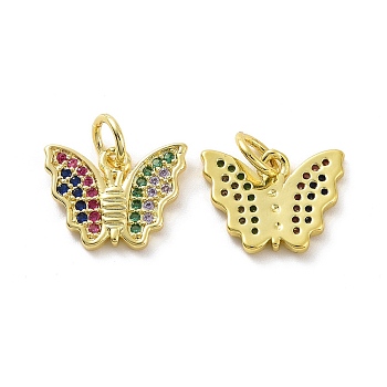 Brass Micro Pave Colorful Cubic Zirconia Charms, with Jump Ring, Butterfly Charm, Real 18K Gold Plated, 10x13x1.5mm, Hole: 3.2mm