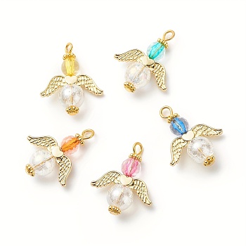 Acrylic & Glass Pendant Decotrations, with Alloy Wings and Iron Findings, Agnel, Golden, Mixed Color, 25x20x8mm, Hole: 2.5mm, 5pcs/set