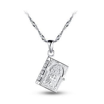 SHEGRACE Stylish Rhodium Plated 925 Sterling Silver Book with Word Pendant Necklace, The Book Pendant Can Be Opened, Platinum, 17.7 inch