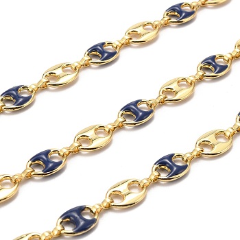 Golden Plated Alloy Enameled Coffee Bean Links Chains, Long-Lasting Plated, Cadmium Free & Lead Free, Unwelded, Marine Blue, Coffee Bean: 14.5x10x3.5mm, Link: 8.5x2x3.5mm, about 32.8 Feet(10m)/roll