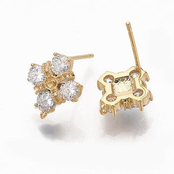 Brass Clear Cubic Zirconia Stud Earring Findings, with Loop, Nickel Free, Real 18K Gold Plated, 11.5x10mm, Hole: 0.9mm, Pin: 0.8mm, pin: 0.5mm(for half drilled beads)