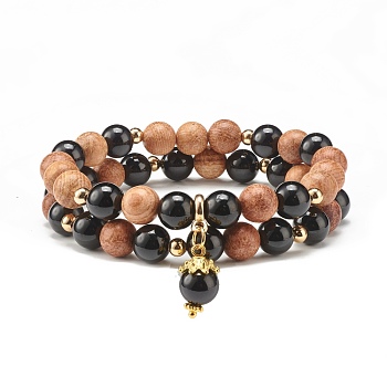 Natural Tourmaline & Wood Round Beads Stretch Bracelets Set, Yoga Prayer Jewelry for Her, Golden, Inner Diameter: 2-1/8 inch(5.5cm), 2pcs/set