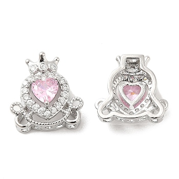 Brass Micro Pave Pink Cubic Zirconia Charms, with Glass, Heart with Crown Charm, Platinum, 14.5x13x6mm, Hole: 1.2mm