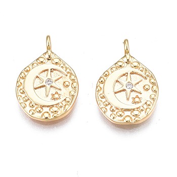 Brass Micro Pave Clear Cubic Zirconia Pendants, Nickel Free, Moon, Real 18K Gold Plated, 15x10x1mm, Hole: 1.6mm