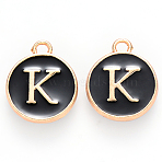 Golden Plated Alloy Charms, Cadmium Free & Lead Free, with Enamel, Enamelled Sequins, Flat Round with Letter, Black, Letter.K, 14x12x2mm, Hole: 1.5mm(ENAM-S118-02K)