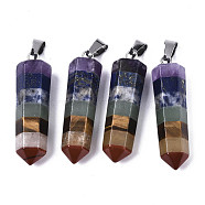 Assembled Natural Topaz Jade & Red Jasper & Red Agate & Lapis Lazuli & Quartz Crystal & Green Aventurine & Amethyst Pointed Pendants, with Stainless Steel Bails, Bullet, Colorful, 35x10x9mm, Hole: 7x4mm(G-N0327-001A-01)