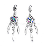 Rack Plating Alloy European Dangle Charms, with Rhinestone, Large Hole Pendants, Cadmium Free & Nickel Free & Lead Free, Platinum, Woven Net/Web with Feather, Colorful, 43mm, Hole: 5mm, Feather: 12x2.5x3mm(MPDL-N039-044)