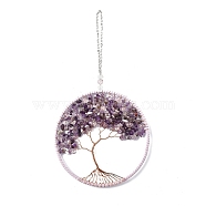 Wire Wrapped Chips Natural Amethyst Big Pendant Decorations, with Iron Chains and Imitation Leather Rope, Flat Round with Tree of Life, 295mm(HJEW-A005-07B)