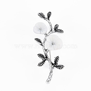 Branch and Flower Natural Shell Brooch Pin, Alloy with Rhinestone Lapel Pin for Backpack Clothing, Lead Free & Cadmium Free, Antique Silver, White, 54~55x22x13~16mm, Hole: 4x6mm, Pin: 0.7mm(G-N333-008A-RS)