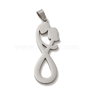 304 Stainless Steel Pendants, Laser Cut, Infinity with Couple Charm, Stainless Steel Color, 36x13x1mm, Hole: 6x3mm(STAS-O005-08P)