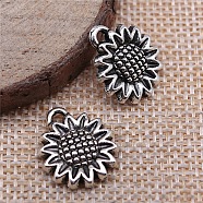 Tibetan Style Zinc Alloy Pendants, Sunflower Charms, Antique Silver, 15mm, Hole: 1.5mm(FIND-CJC0010-04AS)