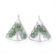 Long-Lasting Plated Brass Pendants, Wire Wrapped Pendants, with Natural Green Aventurine Chips, Triangle with Tree, Platinum, 39~40x30~31x4~8mm, Hole: 4.5mm(KK-D531-02P-05)
